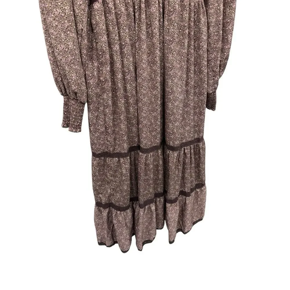 In Loom Micro Floral Brown Pink Long Sleeve Maxi Dress Womens Boutique Large - Picture 7 of 8